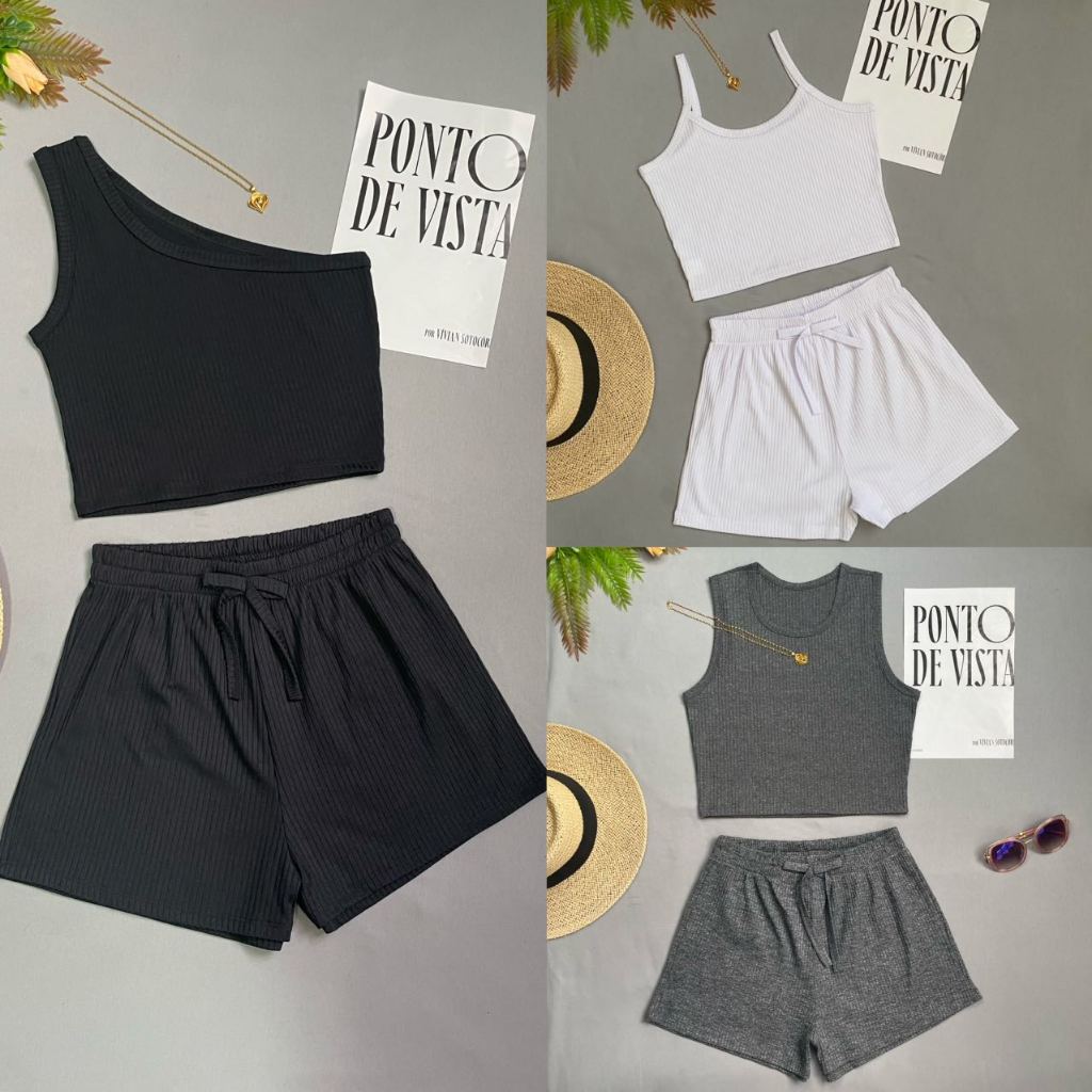 KIT3 Conjunto Feminino Casual – Top Cropped + Shorts – Cores Variadas em Oferta na Shopee