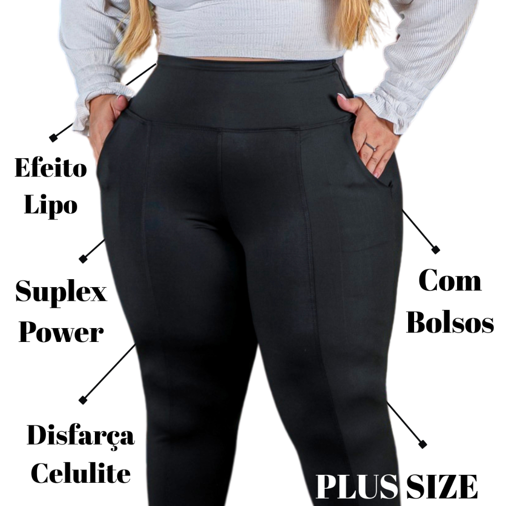 Legging Plus Size Feminina Com Bolso Faca Cintura Alta Sem Transparência G1 G2 G3