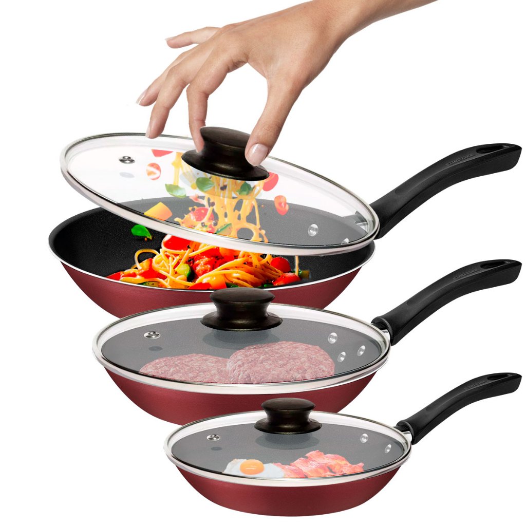Jogo de Frigideiras com Tampa Tramontina Caribe 3pçs Antiaderente - Vermelho