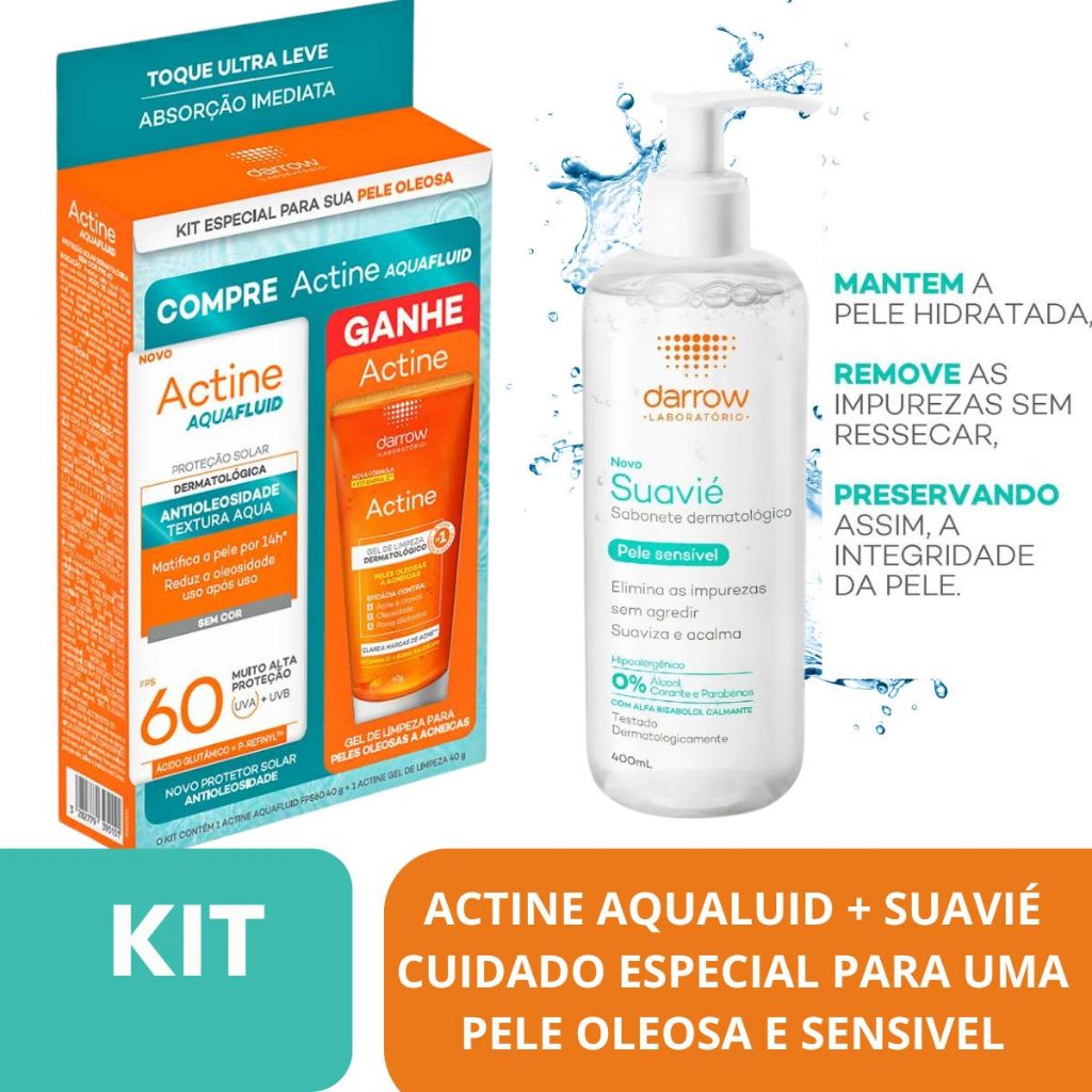 KIT Actine Especial Protetor Solar Aqualuid sem cor + Sabonte Dermatologico Darrow Suavie 400mL