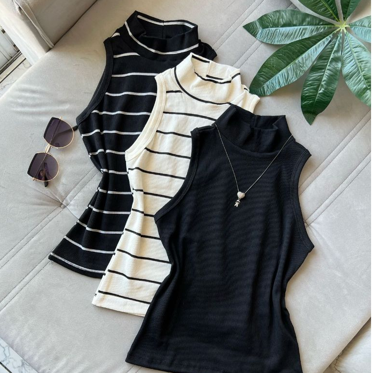 Kit 3 Peças  Regata De Gola Alta Tecido Ribana Canelado listrado Regata Basica Comprida Moda Blogueira Moda Inverno em Oferta na Shopee