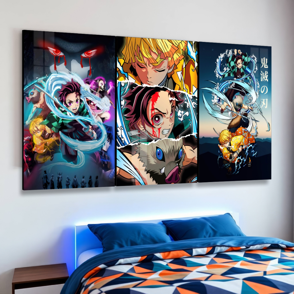 kit 3 Quadro Decorativo Anime Demon Slayer Kimetsu no Yaiba Quarto Geek