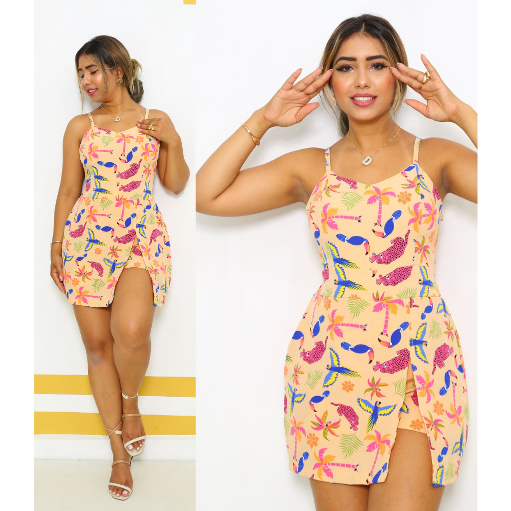 Macaquinho Curto Short Saia Feminina | Crepinho estampado e liso Casual e Elegante Decote em V Alça Fina