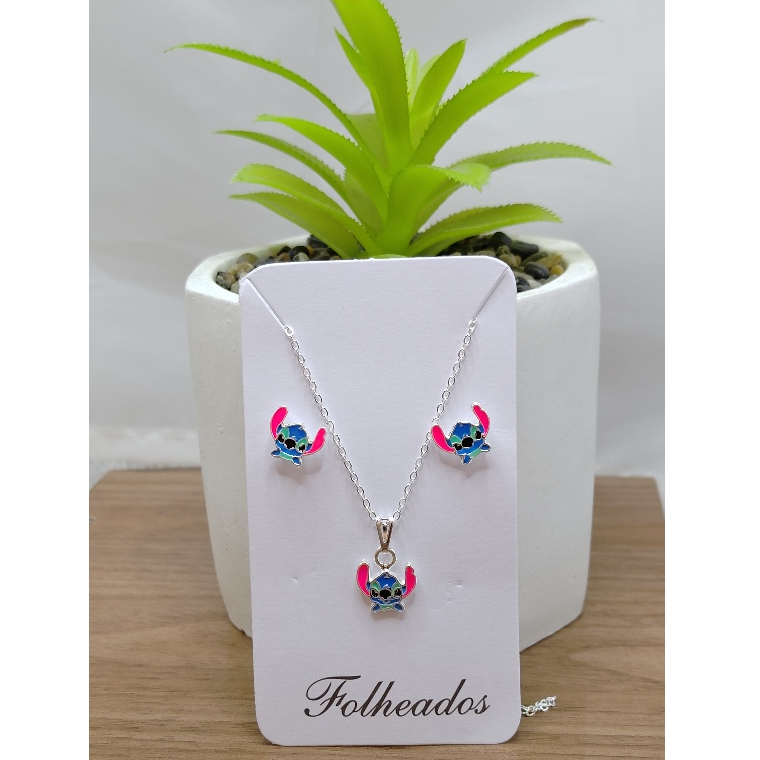 Colar + Brincos Infantil Folheados a Prata 925 Lilo-Stitch
