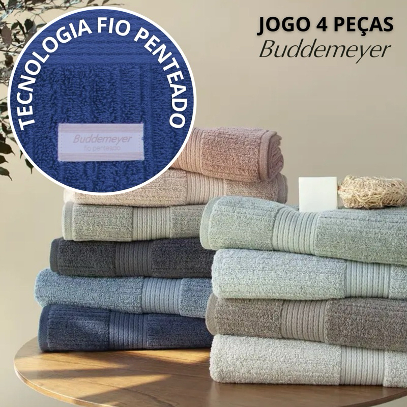 Jogo de Toalhas Banho Buddemeyer Fio Penteado 4 peças 100% Algodão Kit Banho e Rosto Canel...
