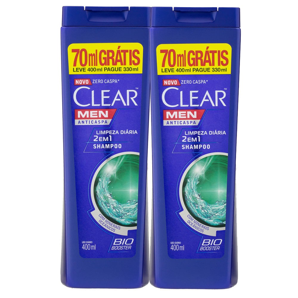 Kit 2X Shampoo Clear Men Limpeza Diária 2 em 1 Leve 400ml Pague 330ml