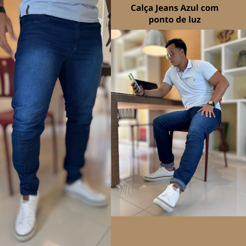 Calça Masculina Jeans Azul Used Casual Lycra Elastano Slim Premium Sarja COPA DO MUNDO