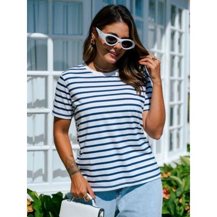 Blusa Listrada Feminina T Shirt Gola Redonda 100% Algodão de Alta Qualidade e Conforto