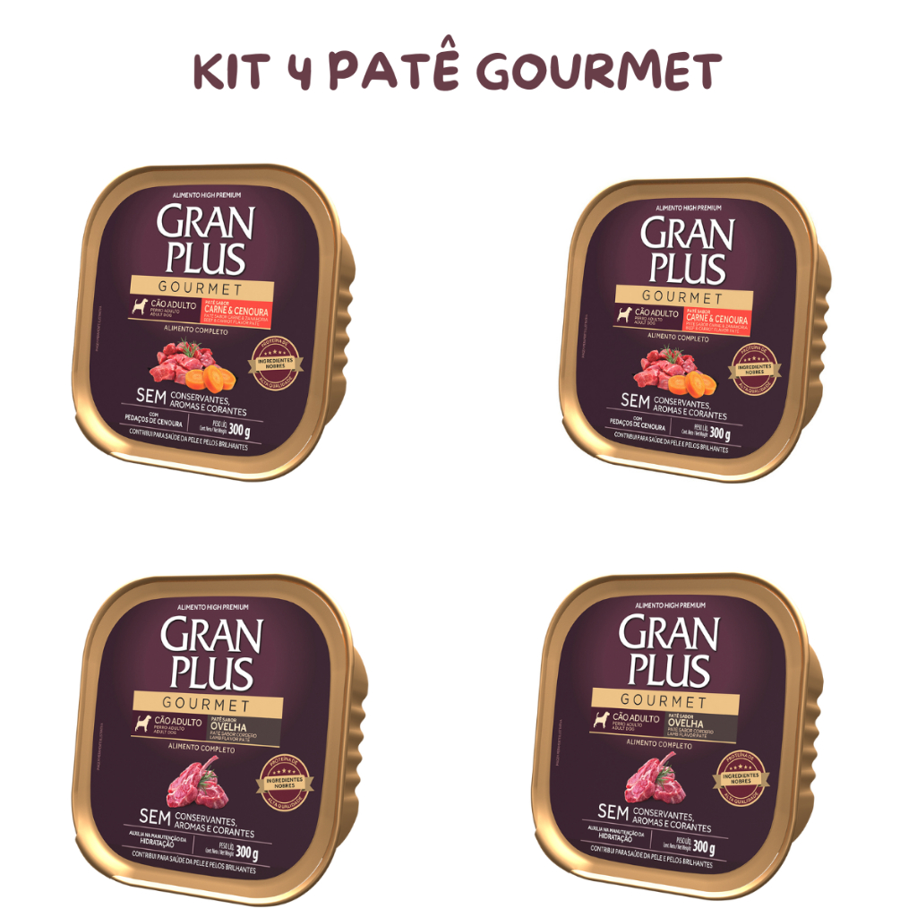 kit 4 Patê Gourmet Gran Plus 300g  Cães  Adultos -  Sabor Ovelha e sabor Carne com cenoura