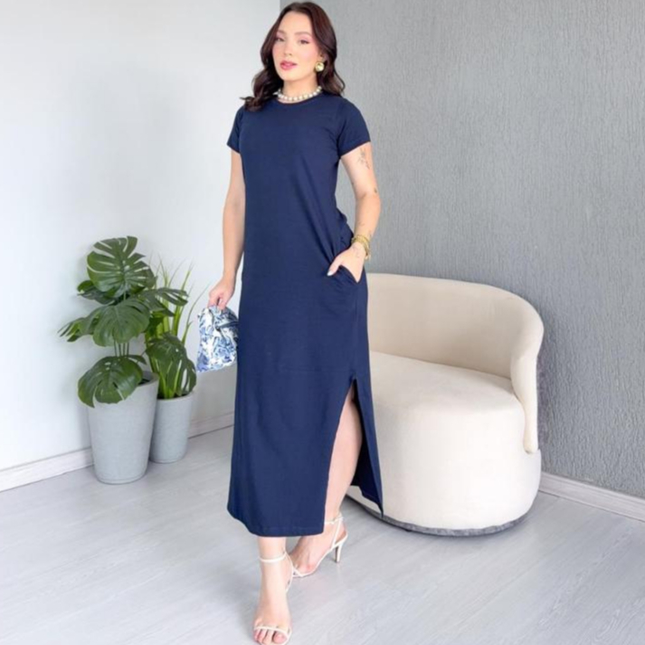 Vestido Longo Algodão Com Bolso e Fenda
