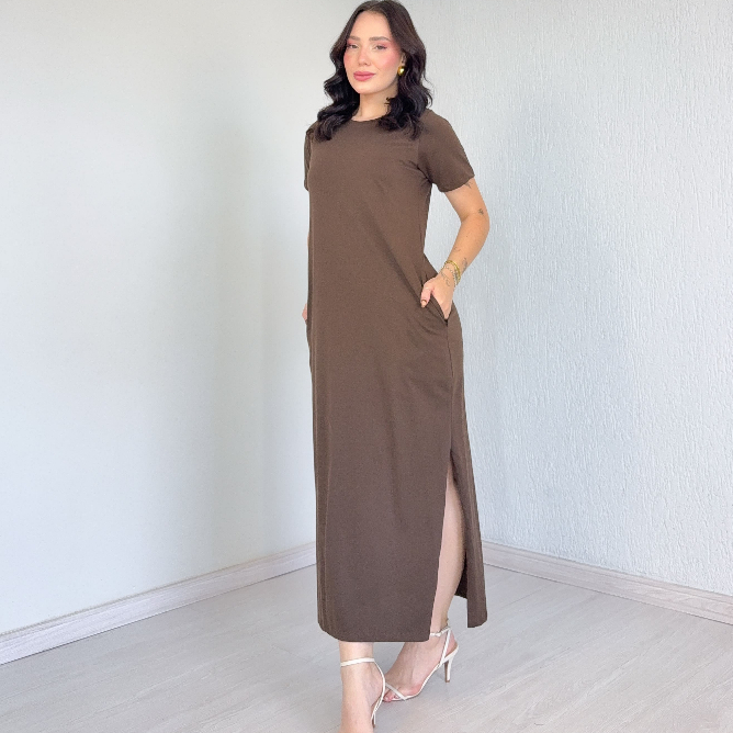 Vestido Longo Moda Verão Com Bolso e Fenda Algodão
