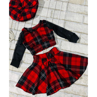 Conjunto Xadrez Preto e Vermelho Manga Longa de Tule Preto + Boina em Oferta na Shopee