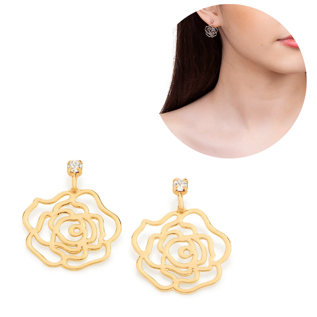 Rommanel 523542 Brinco Rosas Vazadas Feminino Banhado Ouro 18k Lindo