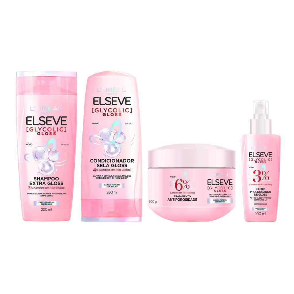 Kit Elseve Glycolic Gloss L’Oréal Paris – Shampoo + Condicionador + Máscara + Sérum Brilho Espelhado
