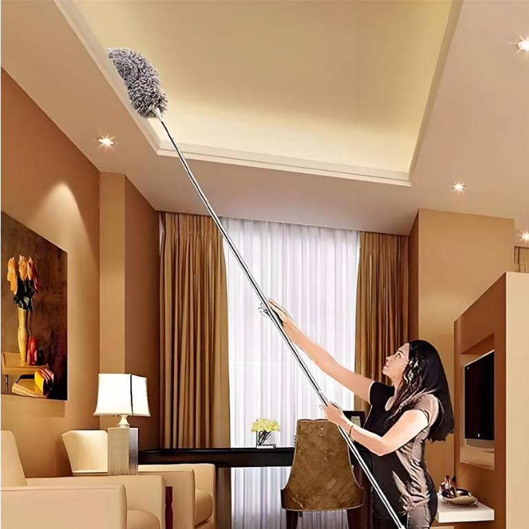 spanador de Pó Para Limpeza em Microfibra Com Cabo Extensor e Retrátil Lavável 2,8M