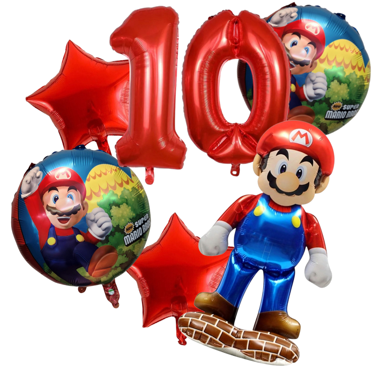 Kit 6 Balão Mario Bross Luigi + Número Balão Redondo+ Estrela Metalizados