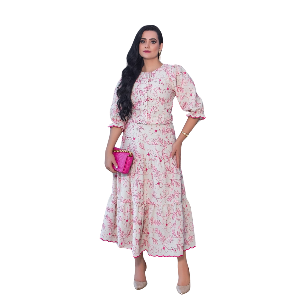 Conjunto Feminino Adriana Casaco Manga Comprida Estampado Floral e Saia Midi Evasê Bordado BM
