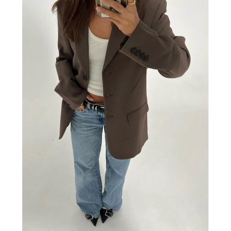REPASSA Blazer Casaco Feminino Jaqueta Vintage Retrô CGC Preto Marrom Cinza Manga Longa Comprida Ombreiras Botões Brechó