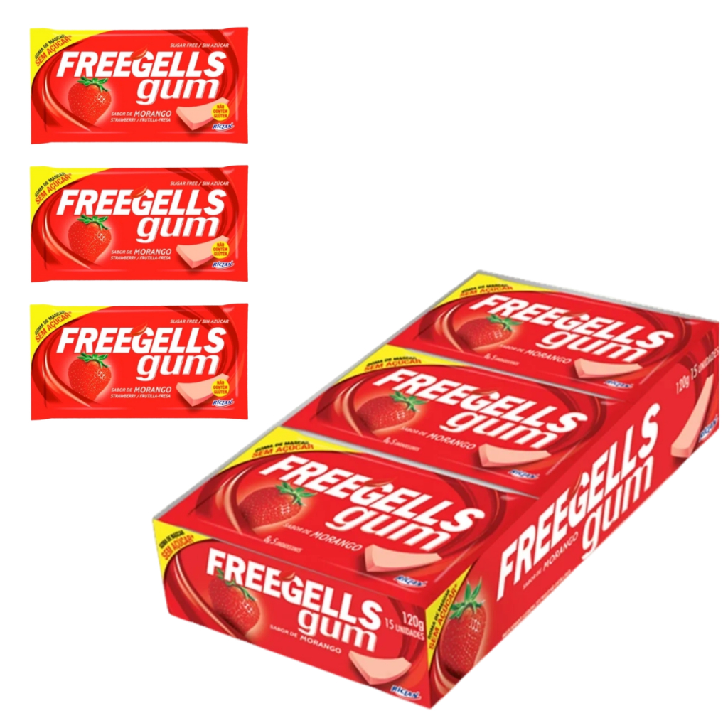 Chiclete Freegells Gum Morango Goma de Mascar Caixa Com 15 Unidades 8g Sem Açúcar Riclan