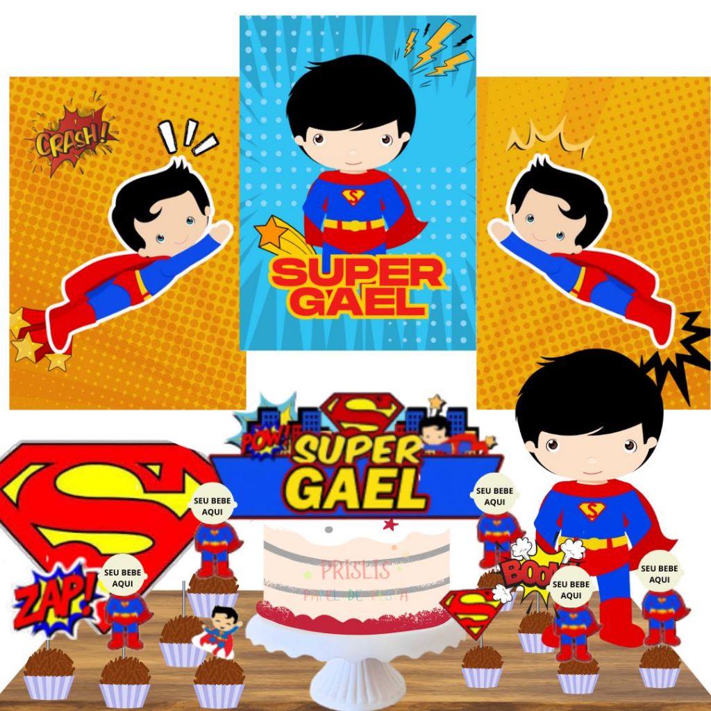 Kit Festa Super Homem, festa em casa, escola decoração completa, mesversário com foto do bebê só um bolinho em Oferta na Shopee