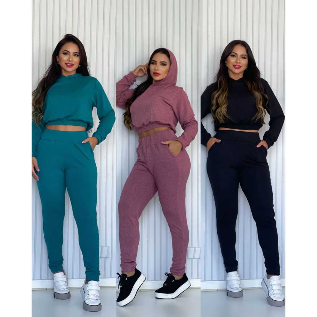Conjunto moletom de Frio malha crepe Manga Longa Inverno com Capuz blusa jogger