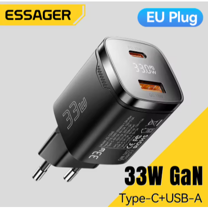 Essager 33w carregador display digital entrada USB e USB C carregador portátil carregador rápido