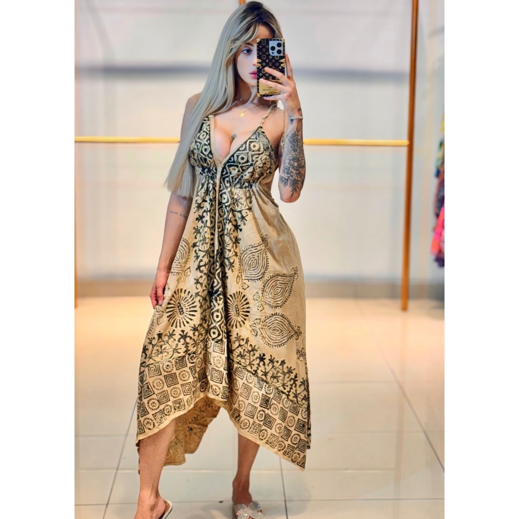 Vestido Indiano Boho Batik costas nua com ajuste e regulagem de tamanho unico ate um Plus size