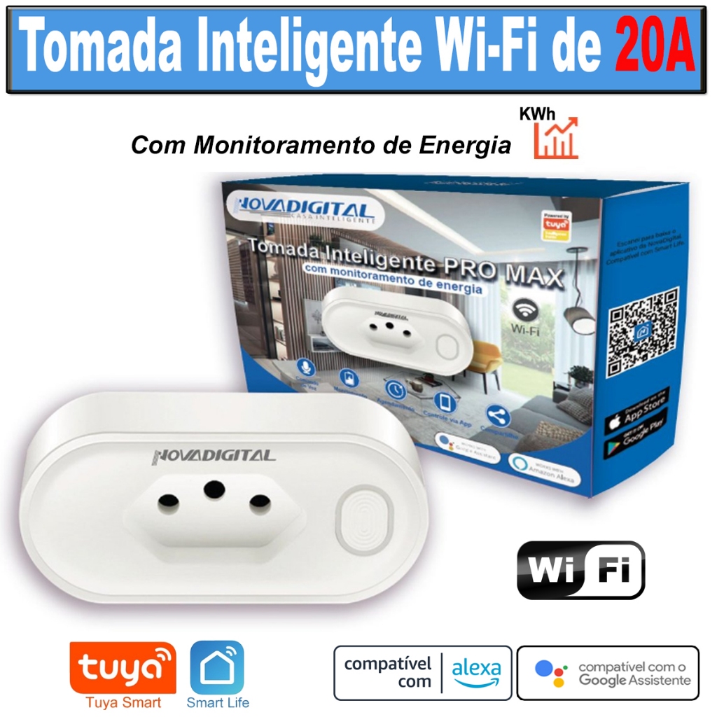 Tomada Inteligente Wifi de 20a Tuya Nova Digital Monitoramento Ar Condicionado, Geladeira, Freezer