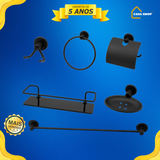 Kit 5 peças para banheiro completo PRETO FUME + porta shampoo prateleira de vidro fume luxo em Oferta na Shopee