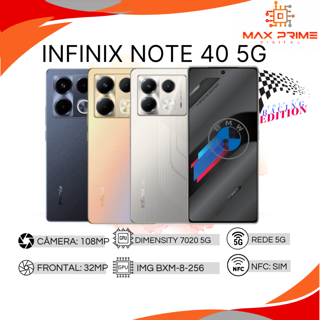 Infinix Note 40 5G, Câmera 108MP,  256GB e 8GB RAM, Bateria 5000 mAh, Processador Dimensity 7020 5G - Mobile & Gadgets