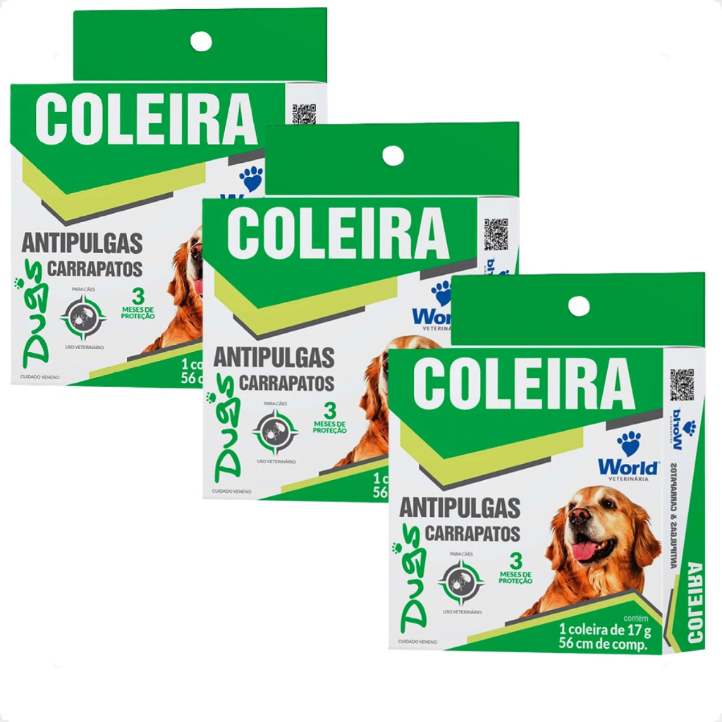 Kit 3 Coleira World Veterinária Dug's 17g Antipulgas para Cães - 56cm em Oferta na Shopee