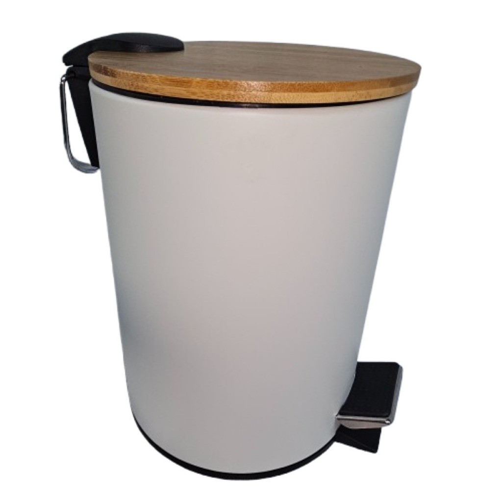 Lixeira Wincy Branca Redonda Lisa 3 Litros Cozinha Banheiro Escritório Cesto Com Pedal Tampa Bambu