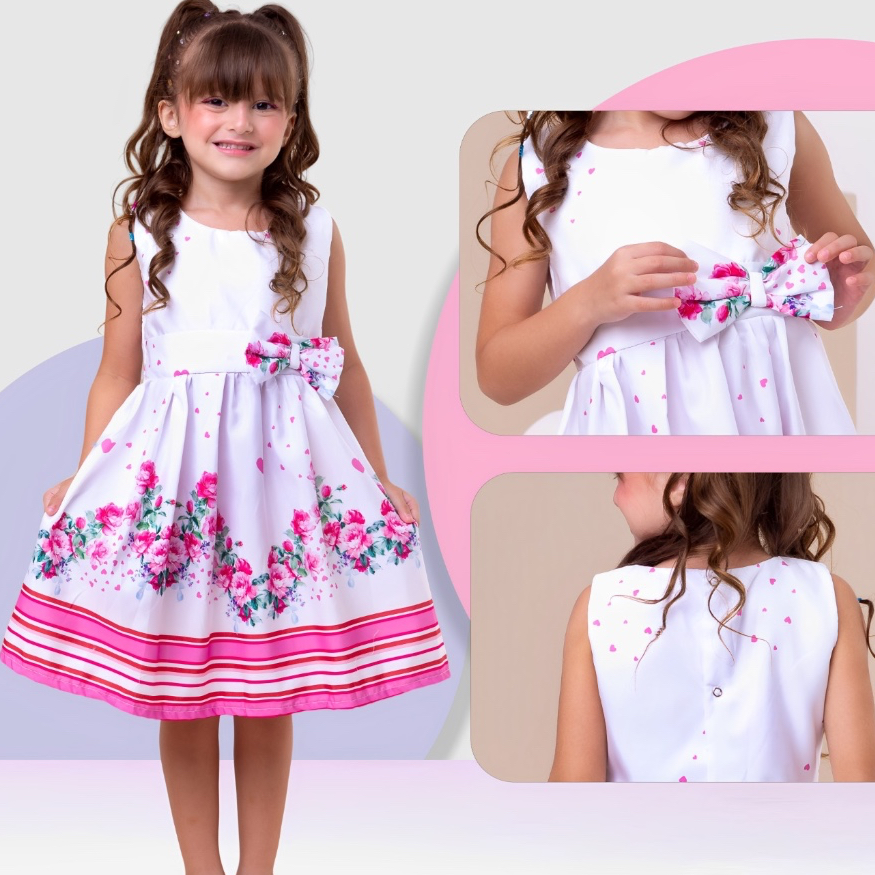 Vestido Infantil Floral  Rodado Estampa flores casual Tecido Tac Tel premium