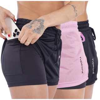 Kits Shorts Feminino Duplo 2 em 1 Suporte Short Bolso Celular Academia Suplex Treinos Compressão em Oferta na Shopee