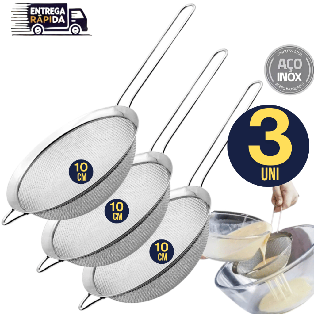 Kit 03 Peneira Coador Manual Em Aço Inox 10 Cm Linha Premium Resistência Máxima Variáveis Utilidades