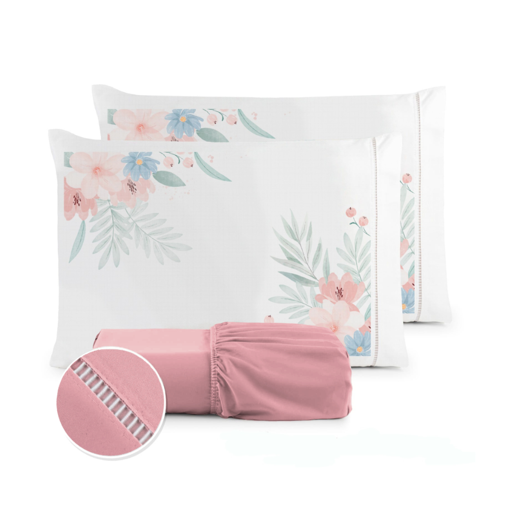 Kit Jogo de Lençol Fronha Estampada Micropercal 400 Fios Ponto Palito