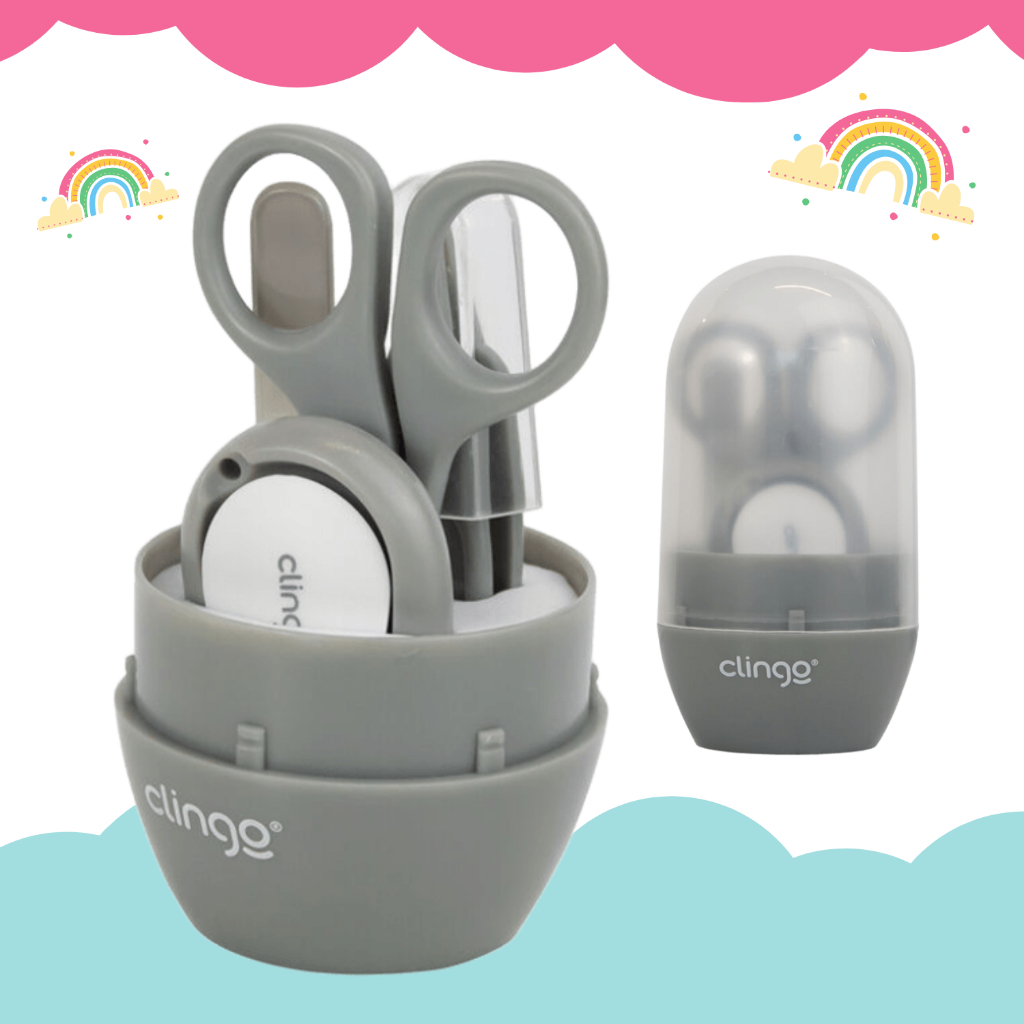 Kit Cuidados Higiene Manicure Infantil Bebê Estojo Cinza Tesoura Cortador Lixa Recém Nascido 4 peças