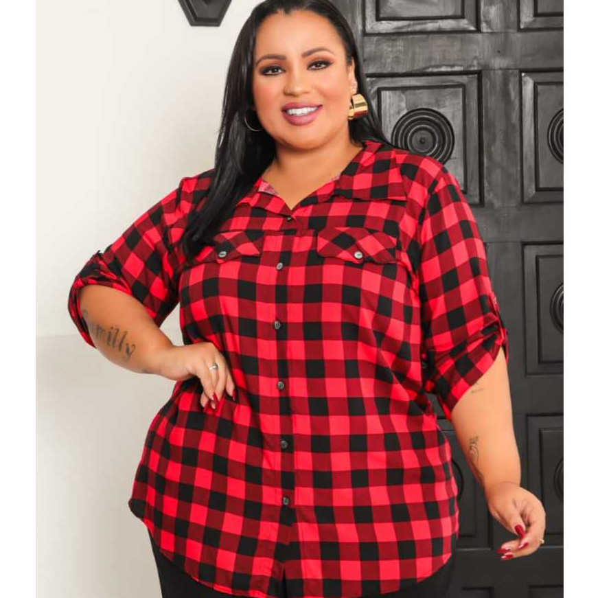 Blusa social feminina camisa feminina xadrez manga 3/4 no viscolinho