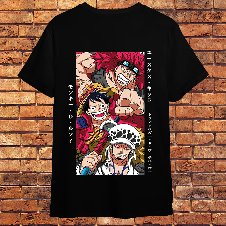 Camisa One Piece Trio Luffy Trafalgar Law Eustass Kid Zoro Nami Chopper Ace Sabu Barba Branca