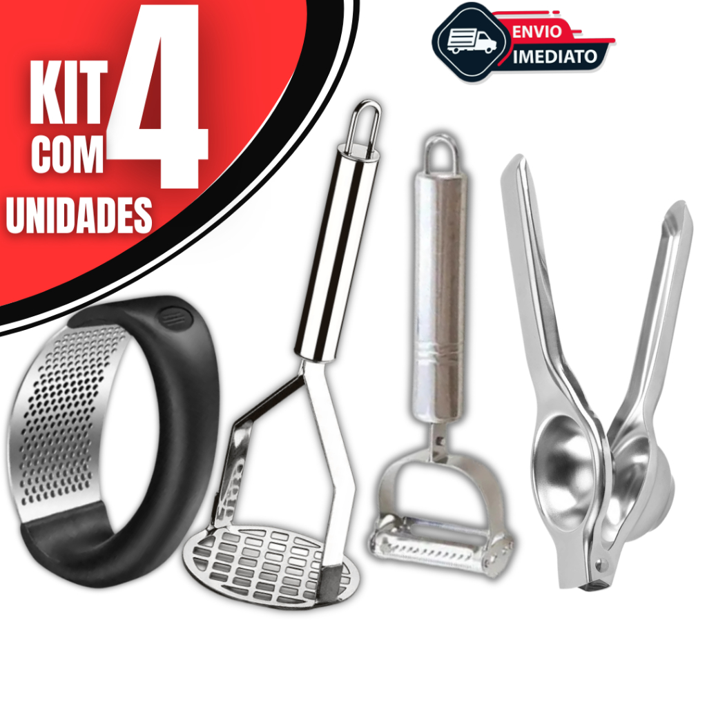 Kit 4 Peças Descascador de Legumes Amassador de Batatas Espremedor de Limão e Alho em Aço Inox ODH