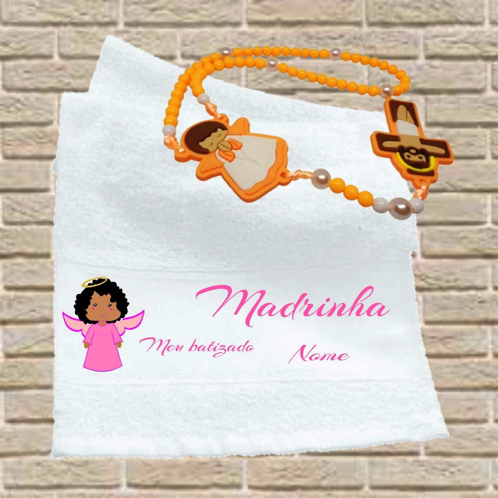 Toalha Lavabinho Personalizada + Terço infantil – Para Batizado, Primeira Eucaristia, Crisma 23 X 38 + Terço Infantil