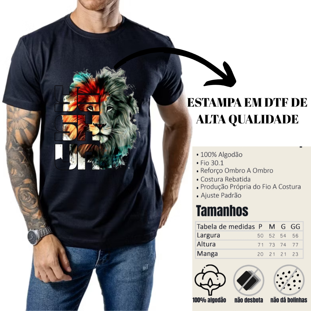 Camiseta Masculina Premium Yeshua Leão De Judá Camisa Estampada Preta Branca T-Shirt P ao GG