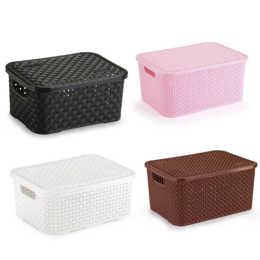 Caixa Organizadora Rattan REFORÇADA Cesto Organizador Marrom 2 litros Plástico Reforçado Com Tampa Médio Caixa Café