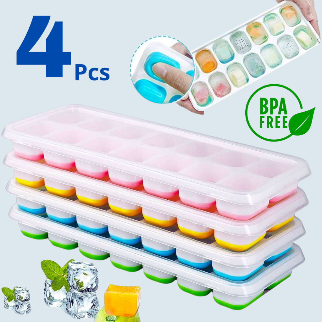 Imagem Kit 4 Formas de Gelo Silicone Com Tampa Rígida Flexível Fundo Retangular 14 Cubos Multiuso Lavável