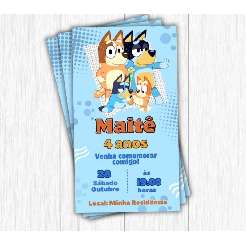 Convite Festa  Bluey 10x7 cm  20 unidades