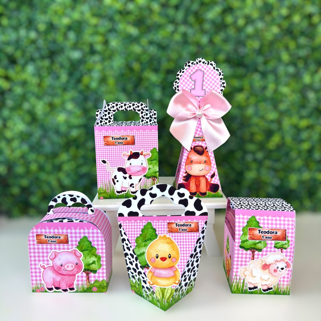 Personalizados Fazendinha Rosa| Lembrancinha | Festa Infantil | Personalizados l Caixinhas / PEGUE E MONTE