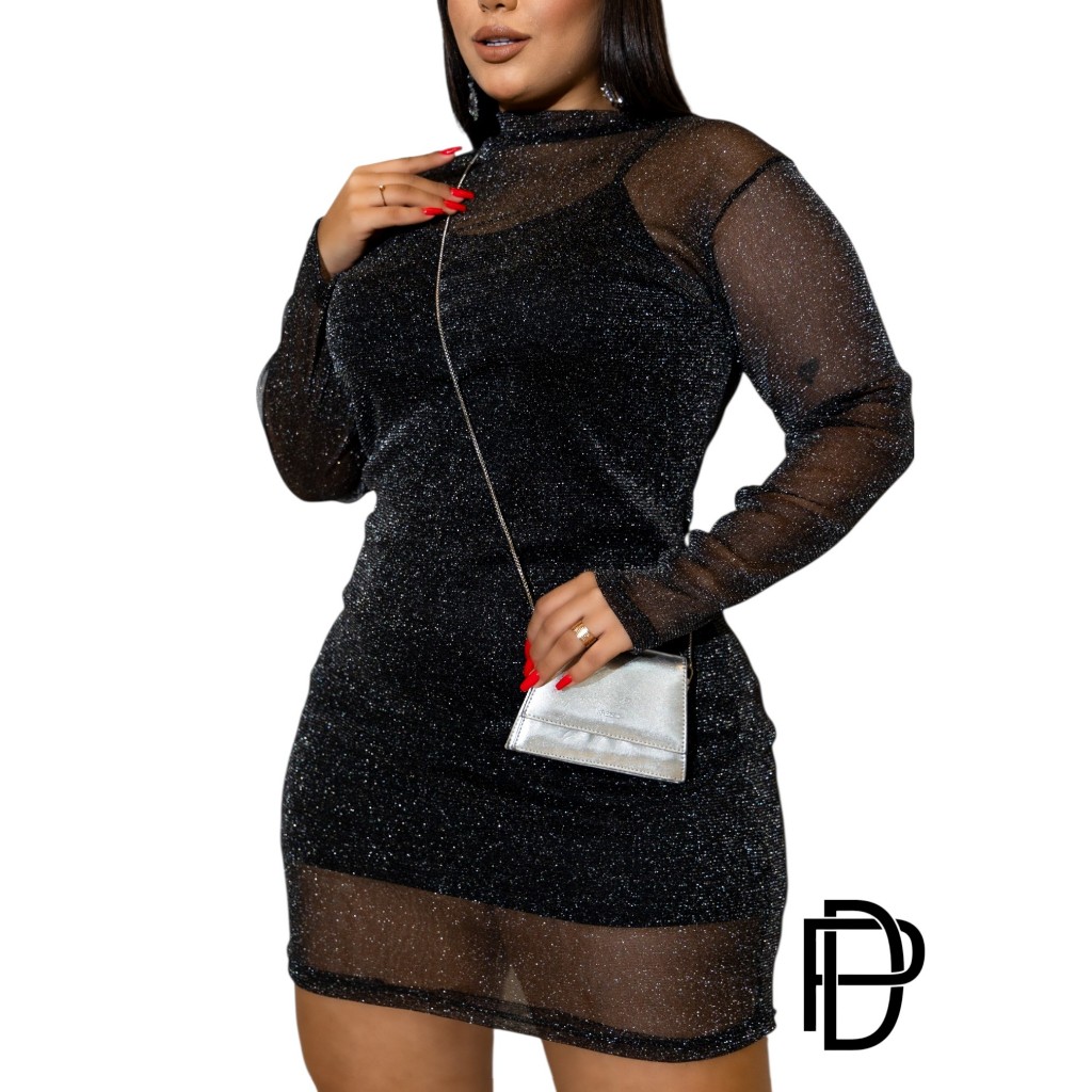 VESTIDO TULE TRANSPARENTE FEMININO PLUS SIZE ELEGANTE BRILHO E LISO