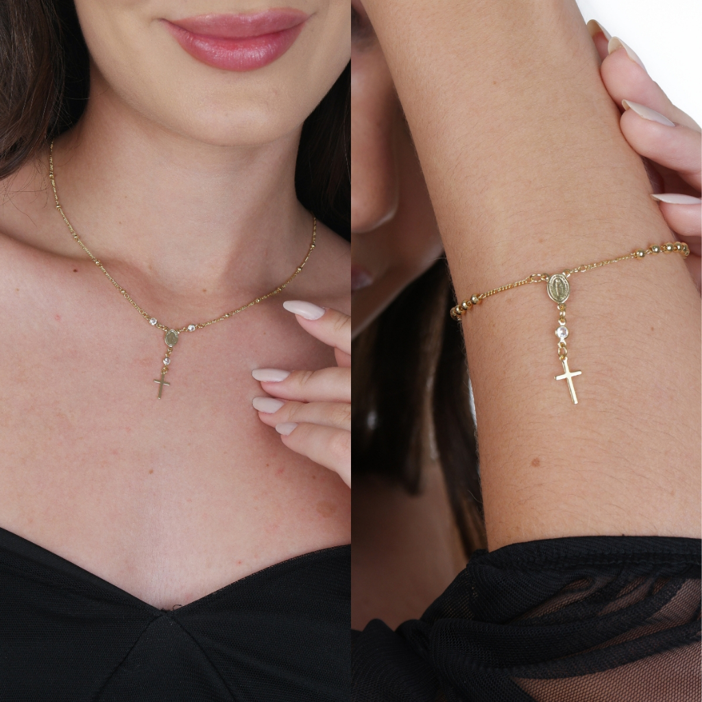 Conjunto Colar Pulseira Terço com Cruz Semi Joias Banhado Ouro 18k