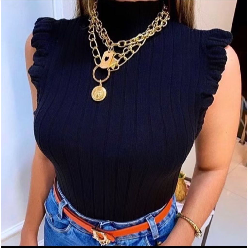 Blusa Feminina Garrafinha Tricô Modal Canelado Babado Gola Alta FruFru Moda Blogueira