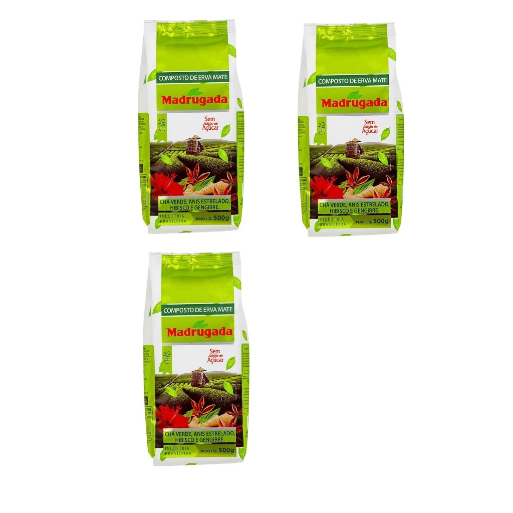 Kit 03 pcts Erva-Mate Madrugada - Chás: Chá Verde, Anis Estrelado, Hibisco e Gengibre - 500g